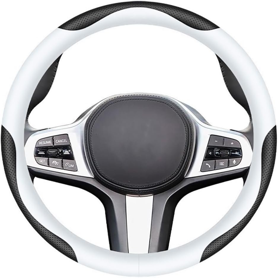 Leather Car Steering Wheel Cover, Elegant, Fashionable, Comfortable, Non-Slip, Breathable, Universal 15 inch, Black and White