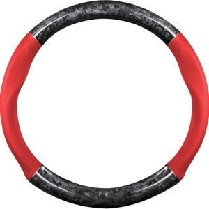 Car Steering Wheel Sleeve, Round Forged Carbon Fiber and Leather Material Steering Wheel Sleeve, 37-38cm/14.5-15inch, Non-Slip, Soft, Breathable, Sports Style