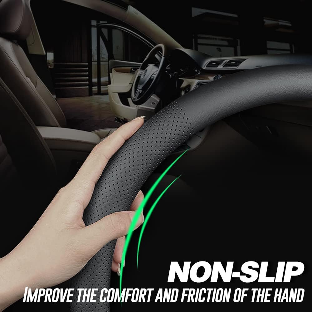 Premium Leather car Steering Wheel Cover, Non-Slip, Breathable, Universal 15 inches, Black. - Image 2
