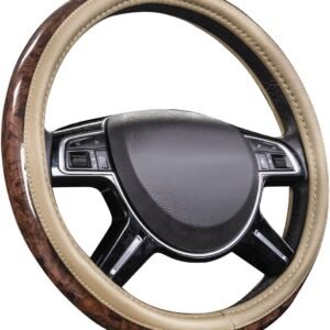 Wood Grain 14.5-15 inch Microfiber Leather Steering Wheel Cover, Anti-Slip Veins Design Steering Wheel Universal Fit for Most Cars, Sedans, SUVs, MiniVans, Small Trusks, Beige
