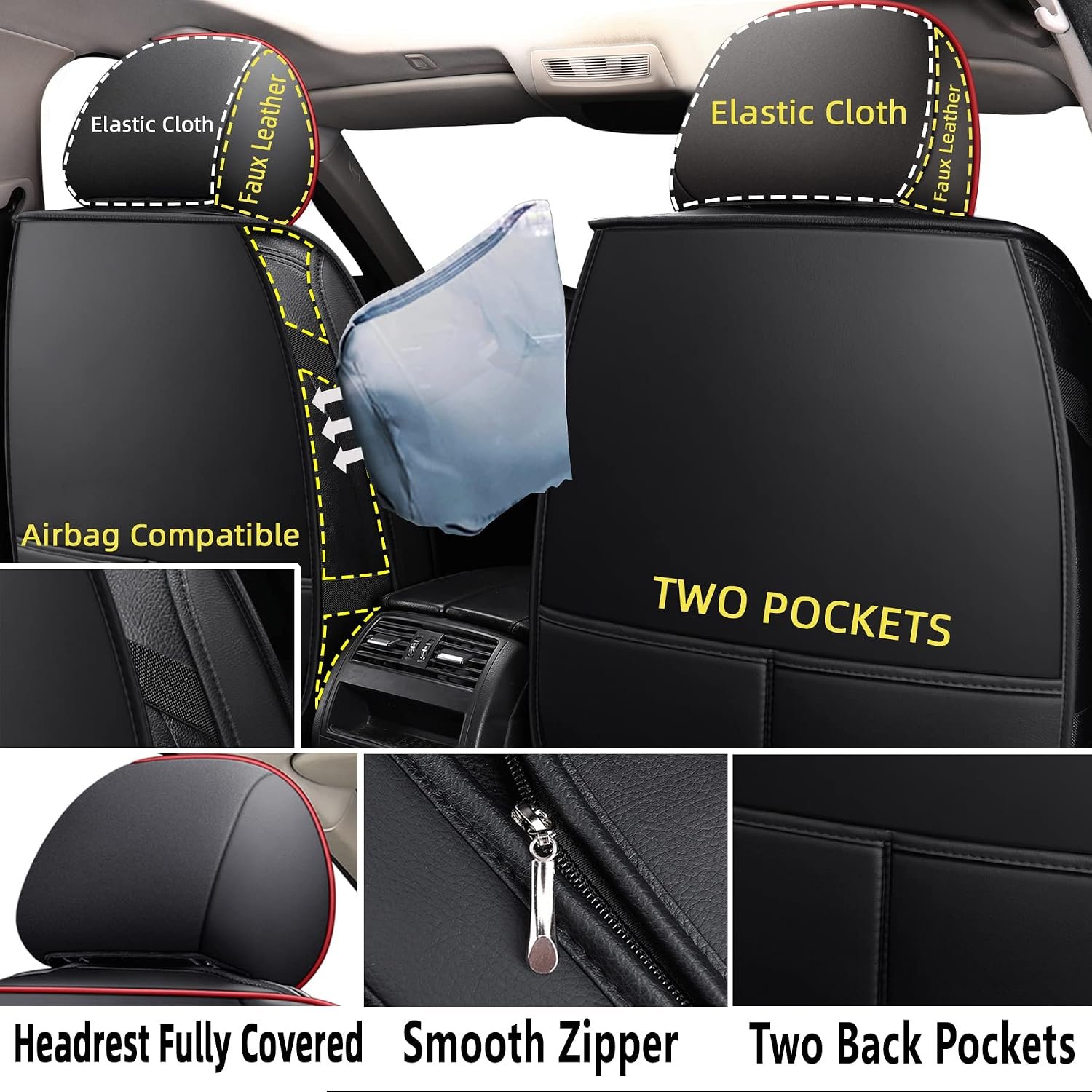 Leather Car Seat Covers, Waterproof Faux Leatherette Cushion Cover for Cars SUV Pick-up Truck Universal Fit Set for Auto Interior Accessories(Black&Red Full Set) - Image 2