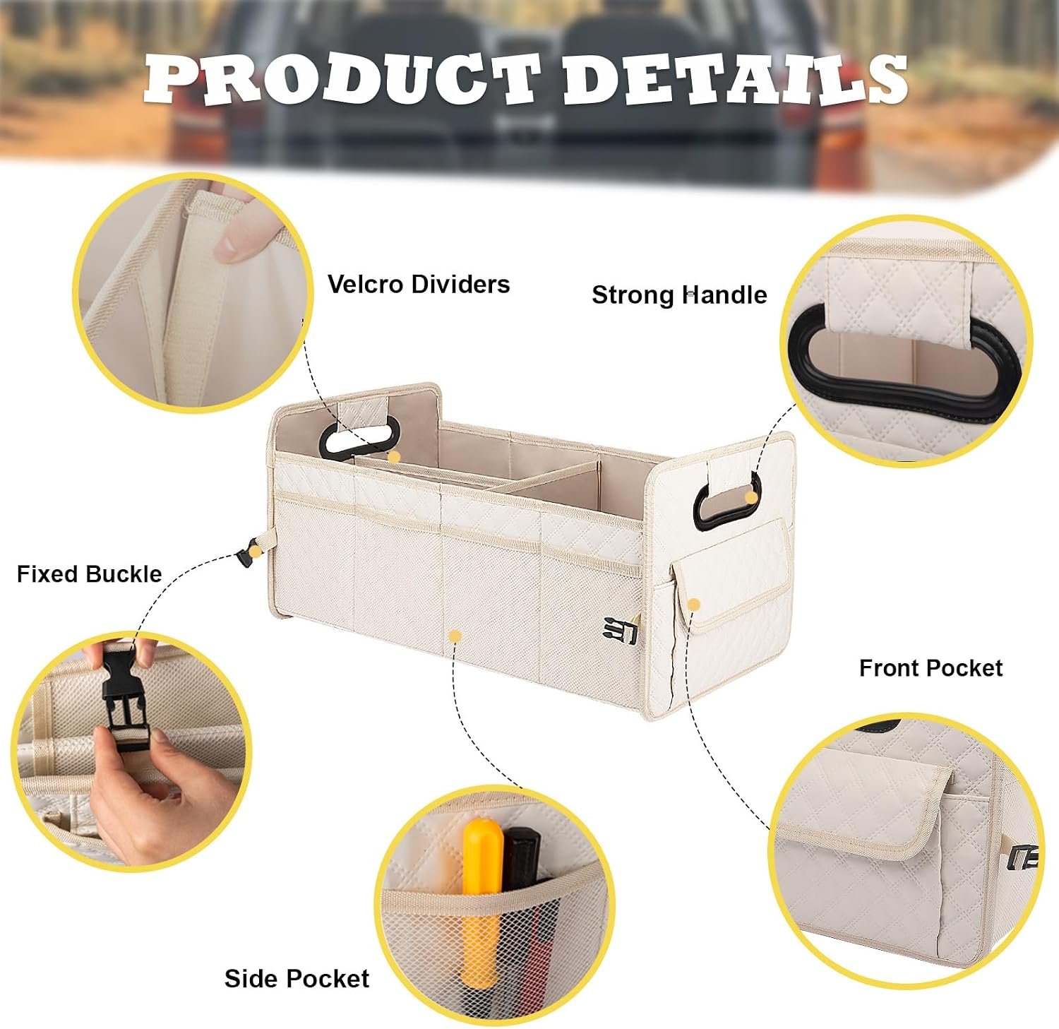 Car Trunk Organizer for SUV, Car Storage Organizer Collapsible Multi Compartment Container Box Adjustable Car Accessories for Women Men, Beige - Image 2