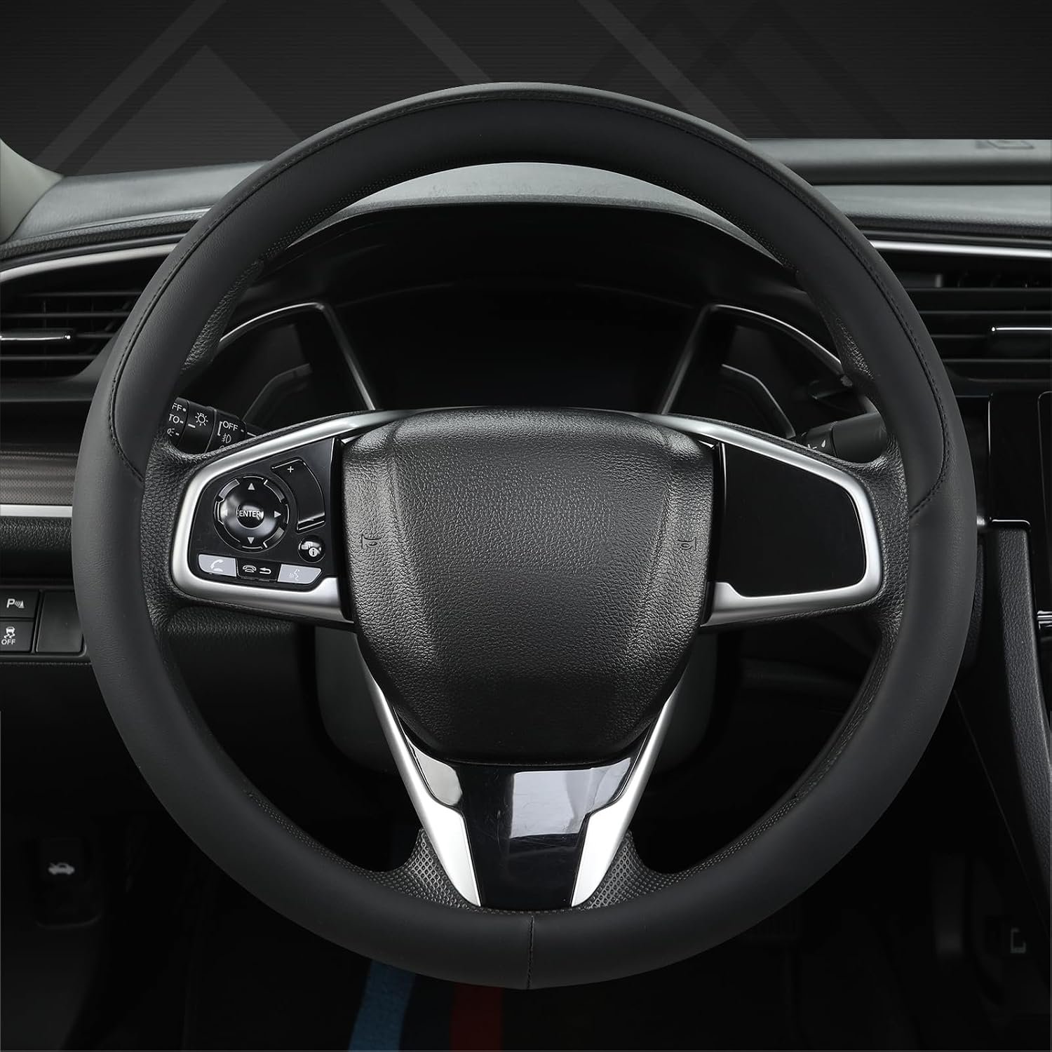 Thin Car Steering Wheel Cover, Universal 14.5-15 inch Leather Steering Wheel Cover, Ultra Thin, Anti-Slip, Breathable(Black-Standard Size)