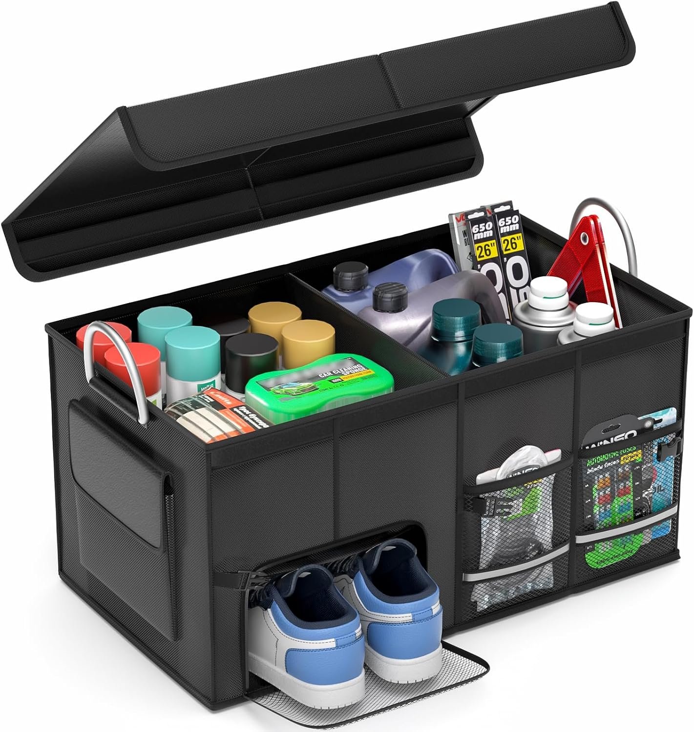 Car Trunk Organizer with Lid - Collapsible Multi Compartment Car Organizer - Multiple Pockets, Multi-purpose Travel Accessory - Anti-slip & Leak-proof Fits any Car, SUV, Minivan