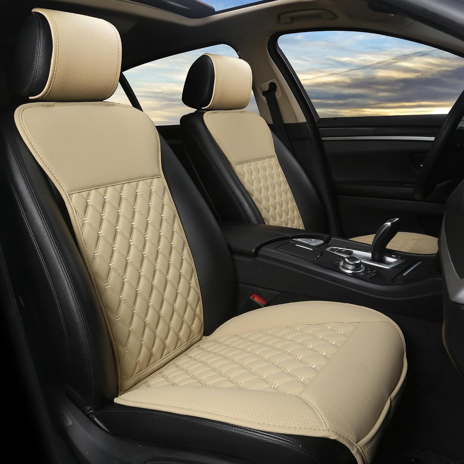 1 Pair Luxury Car Seat Covers Protectors, Universal Anti-Slip Driver Seat Cover with Partial Backrest Coverage (Middle Part Only), Diamond Pattern, Compatible with 95% Cars (Beige)