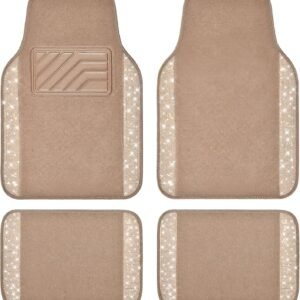 Car Mats Shining Diamond Carpet Crystal Rhinestones Sparkly Glitter Floor Mats with Anti-Slip PVC Heel Pad Universal Fit for Automotive SUV, Sedan, Car, Van, 4pcs for Girl Women, Beige